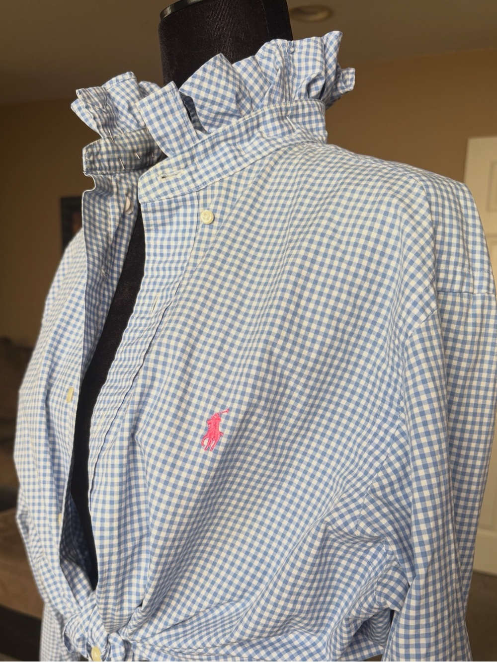 Ralph Lauren Light Blue Gingham Button-Down with Ruffled Collar size m/l